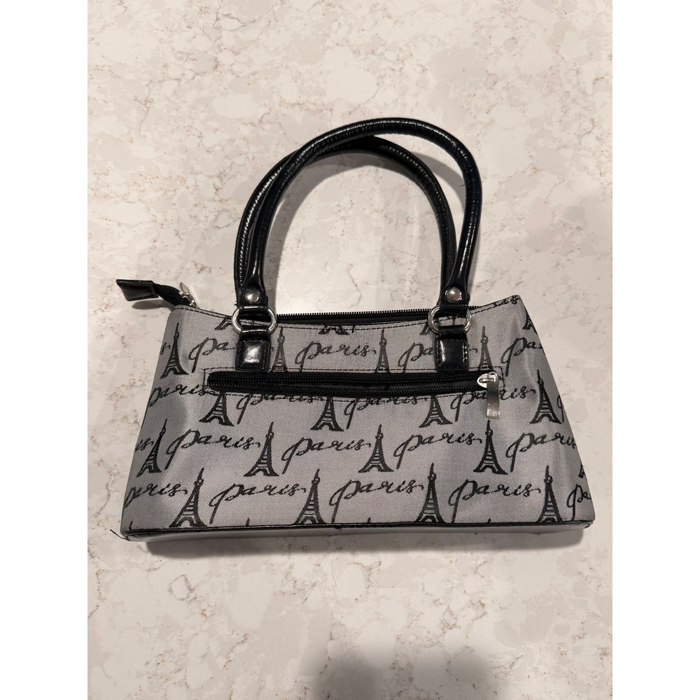 Y2K 2000s Paris Eiffel Tower Print Mini Shoulder Bag Grey Black Baguette Purse - Picture 7 of 10